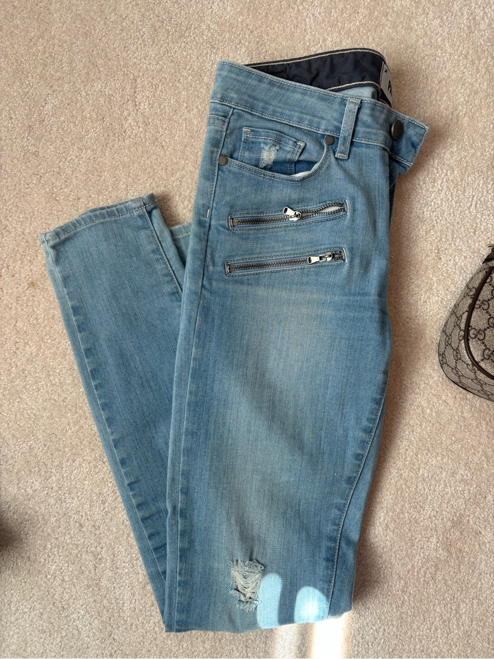 PAIGE Light Blue Skinny Jeans with Double Zip Detail